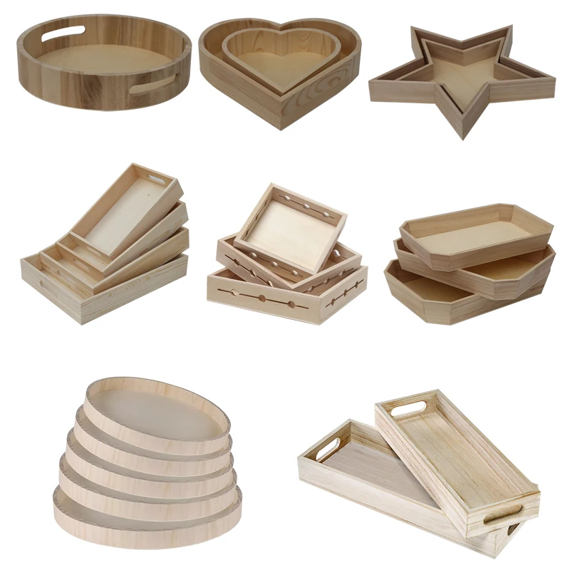 Набор из пяти деревянных подносов круглой формы для рукоделия, круглые кухонные подносы для подачи пирожных