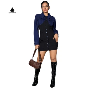 Custom High Quality Spring Fall Women's Washed Patchwork Shirt Denim Dress Casual and Fashionable Front Button Ladies Dress