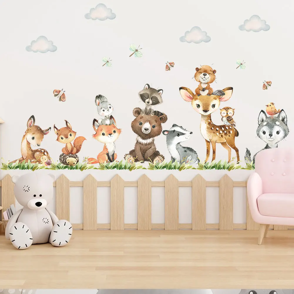 Adesivi Murali Decorativi 3D con Personaggi Cartoon di Animali del Bosco per Cameretta dei Bambini