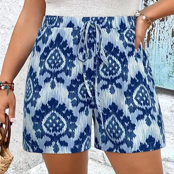 Polynesian Tribal Elegant Womens Shorts holiday style elastic waist ethnic printed Drawstring wide leg Shorts