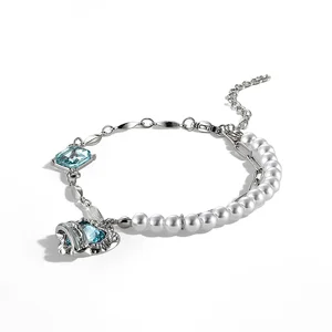 Fashion Bracelet with Blue Crystal Imitation Pearl Silver Tone Asymmetric Design Trendy Statement Jewelry Women Unique Handmade