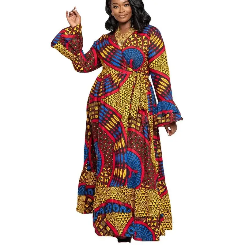 Long Flare Sleeve V-neck Spring African Maxi Dresses - Buy African ...