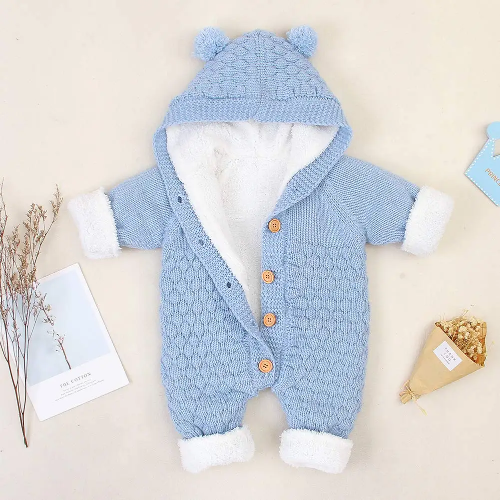 2021 Winter Baby Hooded Knitted Rompers Newborn Girls' Boys' Warm