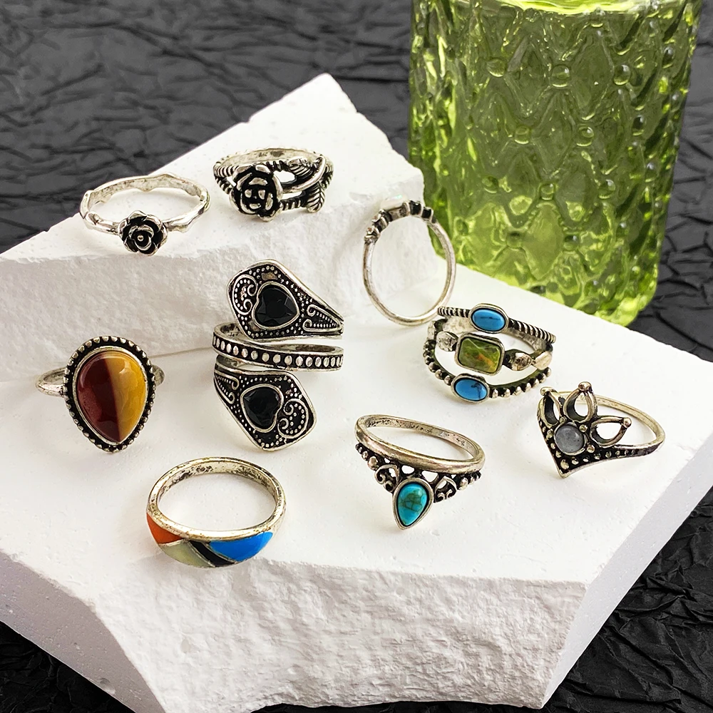 product new design wholesale alloy jewelry rings set for women 18k gold plated custom geometric twisted vintage rings set-5