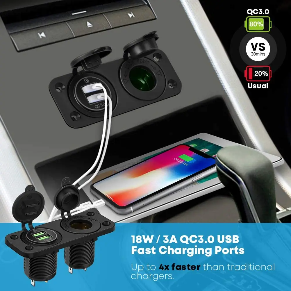 Presa Accendisigari 12V Con Doppia USB E Voltmetro LED Blu – Pannello 3 Fori IP44 Impermeabile Per Auto, Moto, Barca - 2