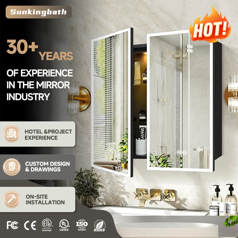 Luxury Hotel Bathroom Vanity Cabinet Illuminated Led Mirror Cabinet Anti-Fog Stainless Steel Bathroom Cabinet with Mirror