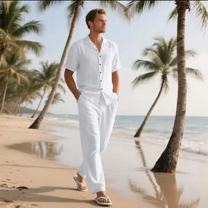 Summer Men's Short Sleeved Pants Linen Beach Casual Short Sleeved Shirt Set