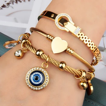 High Jewelry Bracelets and Bracelets Exaggerated Multi-Style Hanging Small Keys Blue Eye Stainless Steel Gold Bracelet