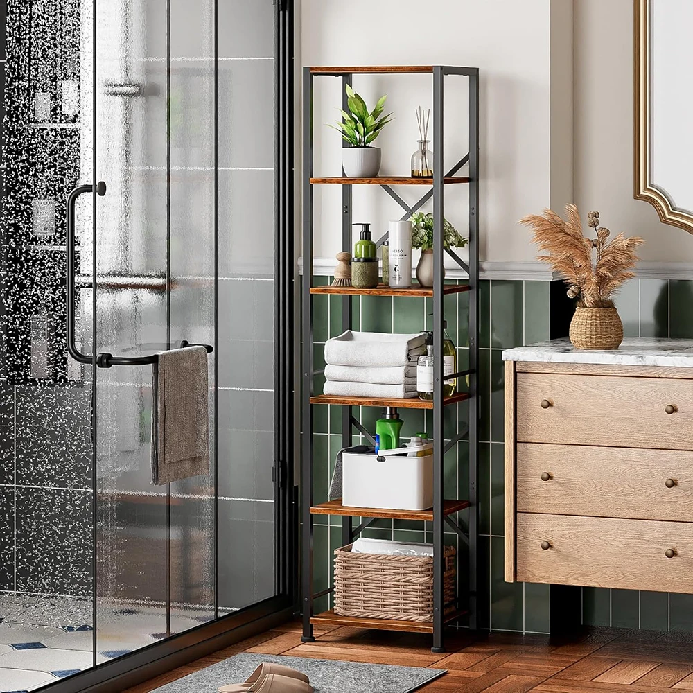 product 6 tier modern tall narrow bookshelf wood metal storage rack back organizer for living room home office entryway kitchen rustic-7