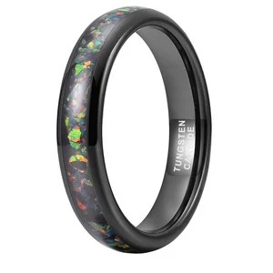 Coolstyle Jewelry 4mm Wholesale Black Tungsten Ring for Women Men Genuine Opal Inlay Fashion Engagement Wedding Band