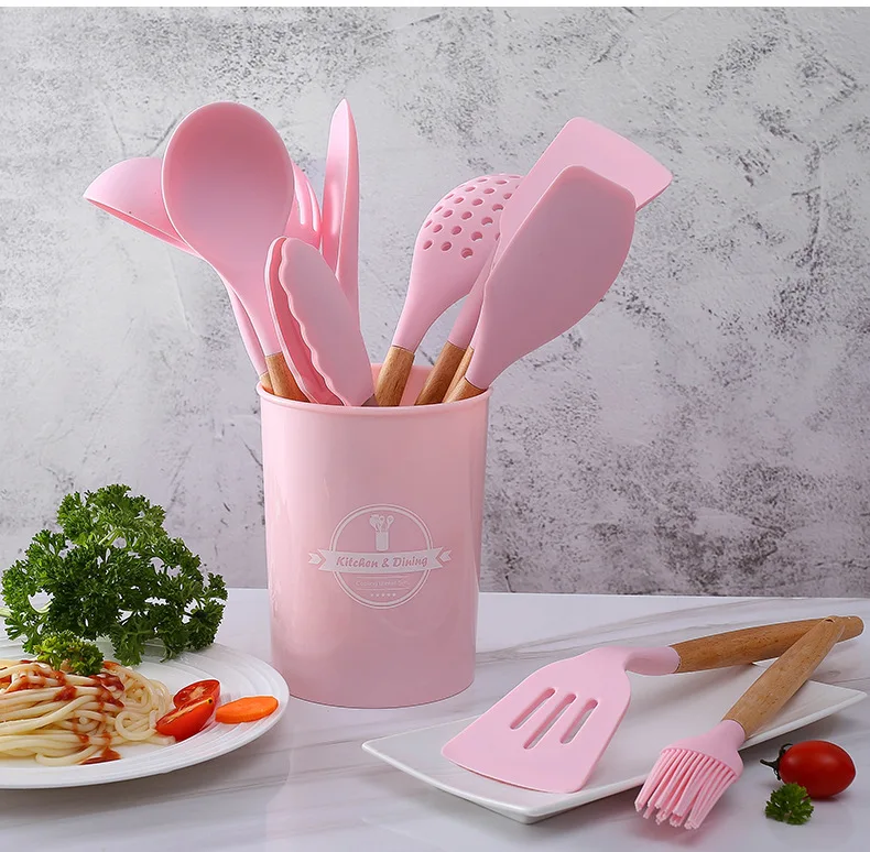Home Kitchenware Gadgets Nonstick Silicone Cooking Set Kitchen Utensils Holder With Plastic Logo Wood Customized 12 Pieces Pink