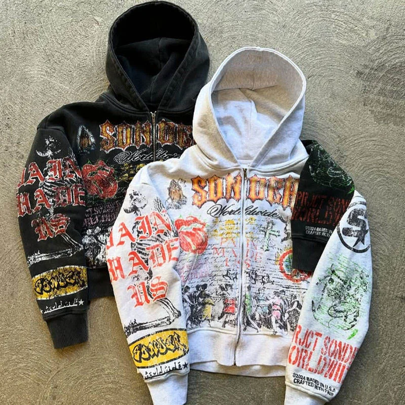 Cropped Heavyweight 420 Gsm Long Flared Sleeve Zipper up Heavyweight French Terry Boxy Fit Graphic Oversized Hoodie for Men