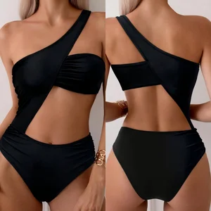 Factory Direct Woman's One-Piece Swimsuit with Irregular Hollow Push up Bra Solid Color Bikinis Custom Women Swimwear for Beach