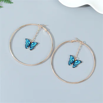 Wholesale Fashion Jewelry Exaggerated Blue Dripping Oil Butterfly Drop Earrings Gold Plated Large Hoop Earrings For Women Girls