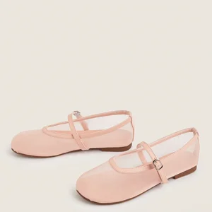 BUSY GIRL CXX303 Mesh Breathable Flat Sandals pink Round Toe Shallow Mouth One-word Buckle Slip-on Ballet Flats Casual Sandals