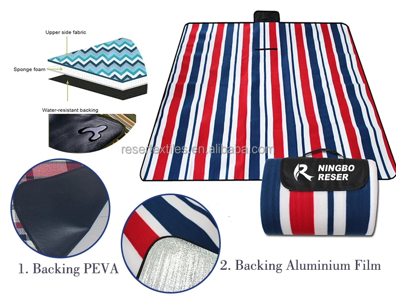 Premium 3-Ply 3-Season Waterproof Outdoor Picnic Blanket Rug Stripe Soft Sponge Foil Backing Custom Logo Hiking Camping Sporting
