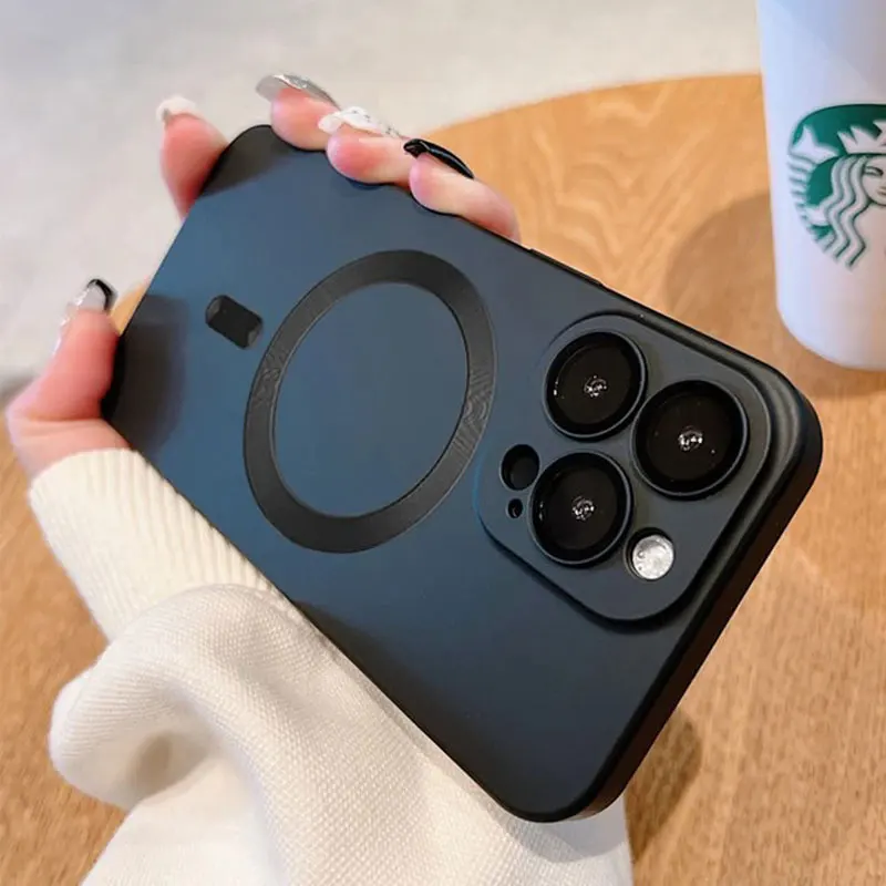 Luxury Camera Lens Glass Protection Magnetic Matte Silicone Mobile Phone Case for iPhone 14 12 13 11 15 16 Pro Max Funda Cover