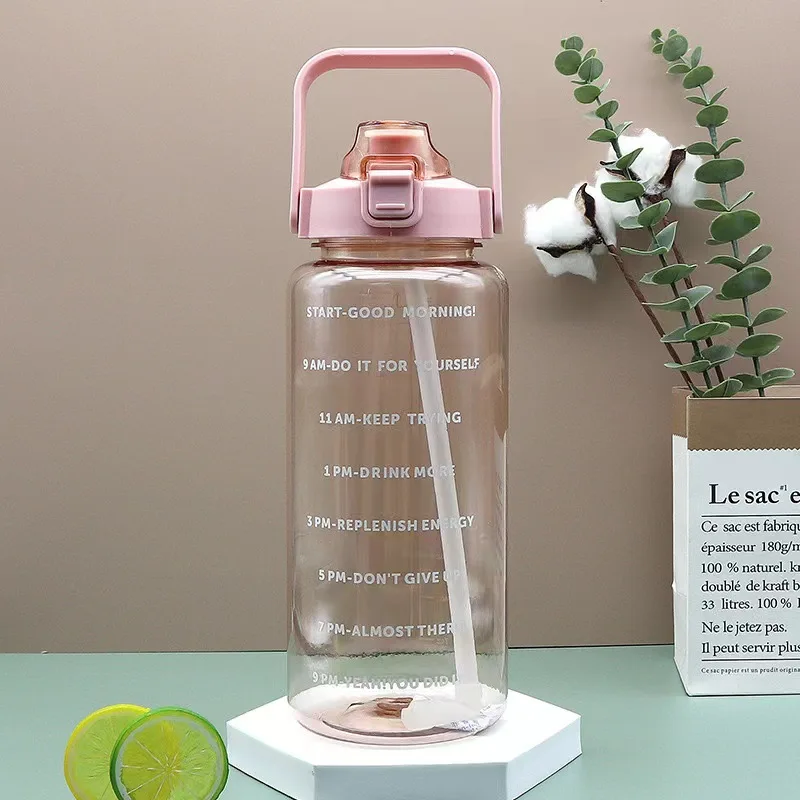 Hot Sale Large Capacity 2L Transparent Water Cup Children With Straw Handle  Time Marker Sports School Plastic Water Bottle