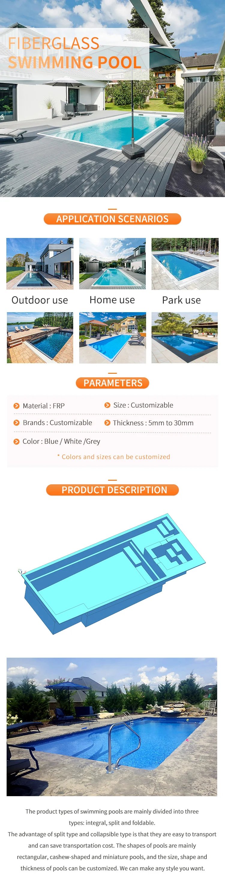 Free Standing Fiberglass Swimming Pool High Quality In Ground Outdoor