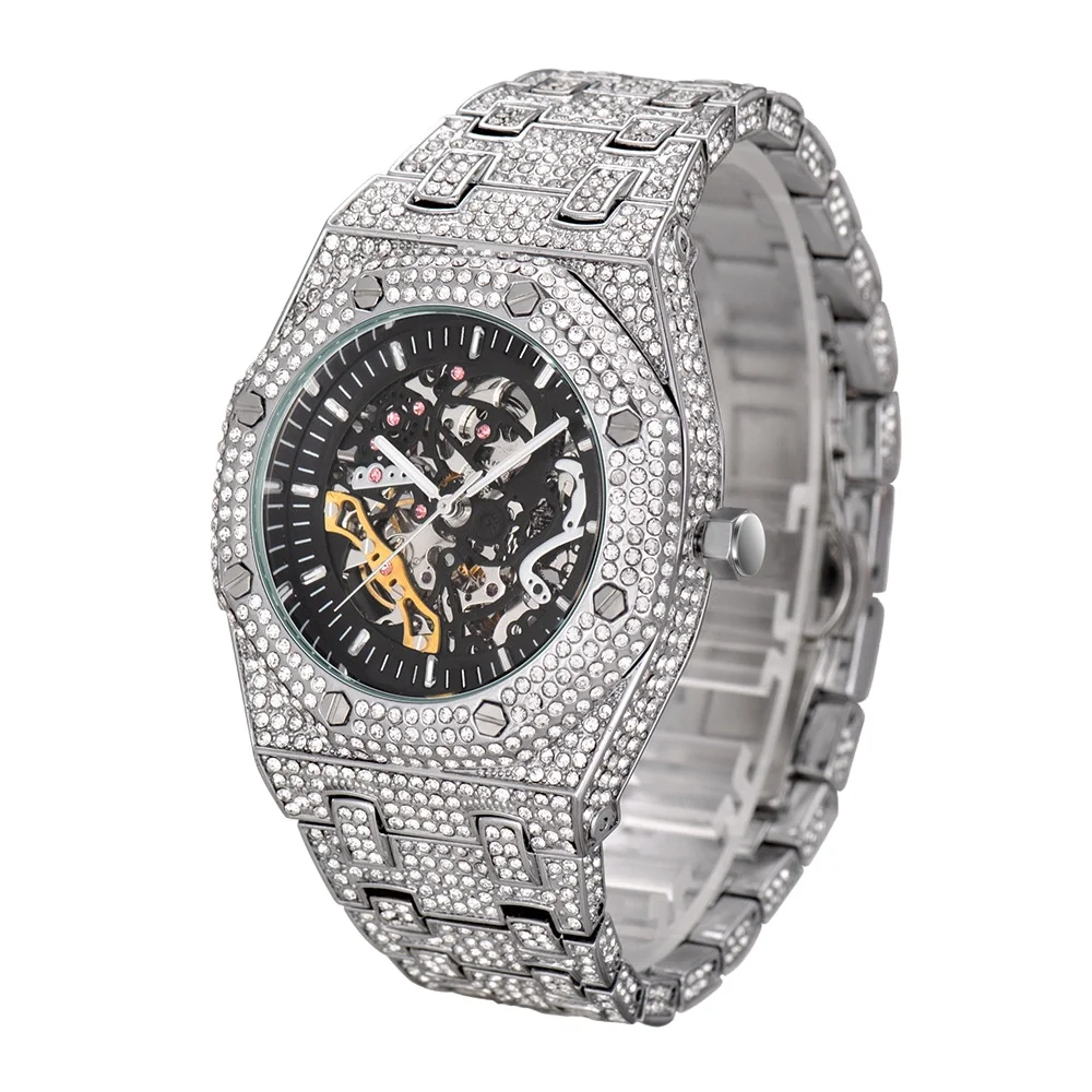 iced out rhinestone skeleton watch