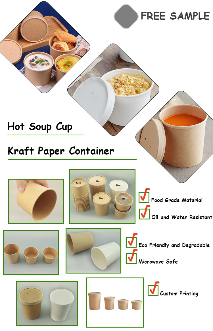Disposable Kraft Paper Soup Cups With Pp Lids Take Away Microwavable