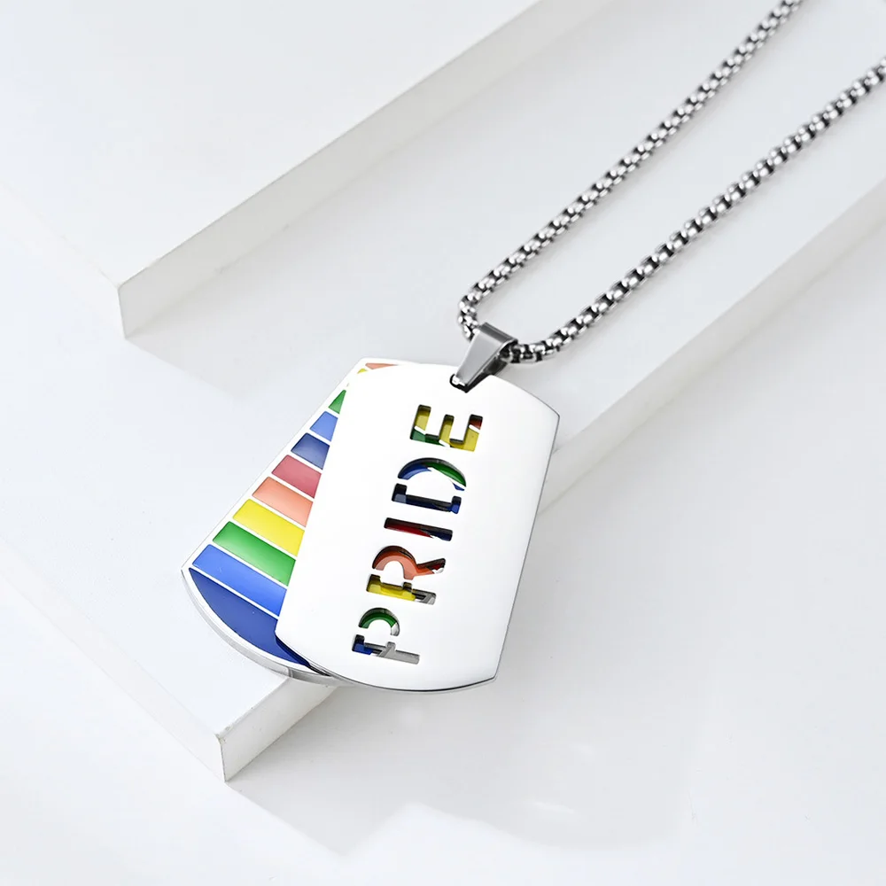 Wholesale Custom Metal Lesbian Flag Pendant Colorful Enamel Lgbtq Lgbt Gay Pride rainbow Dog Tag Necklace with logo for Peolple