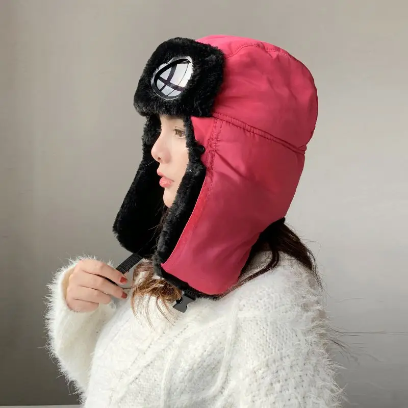 Newest Waterproof Russian Style Aviator Trooper Hat with Glasses Ski Windproof Earflap Faux Fur Winter Hat for Eye Protection