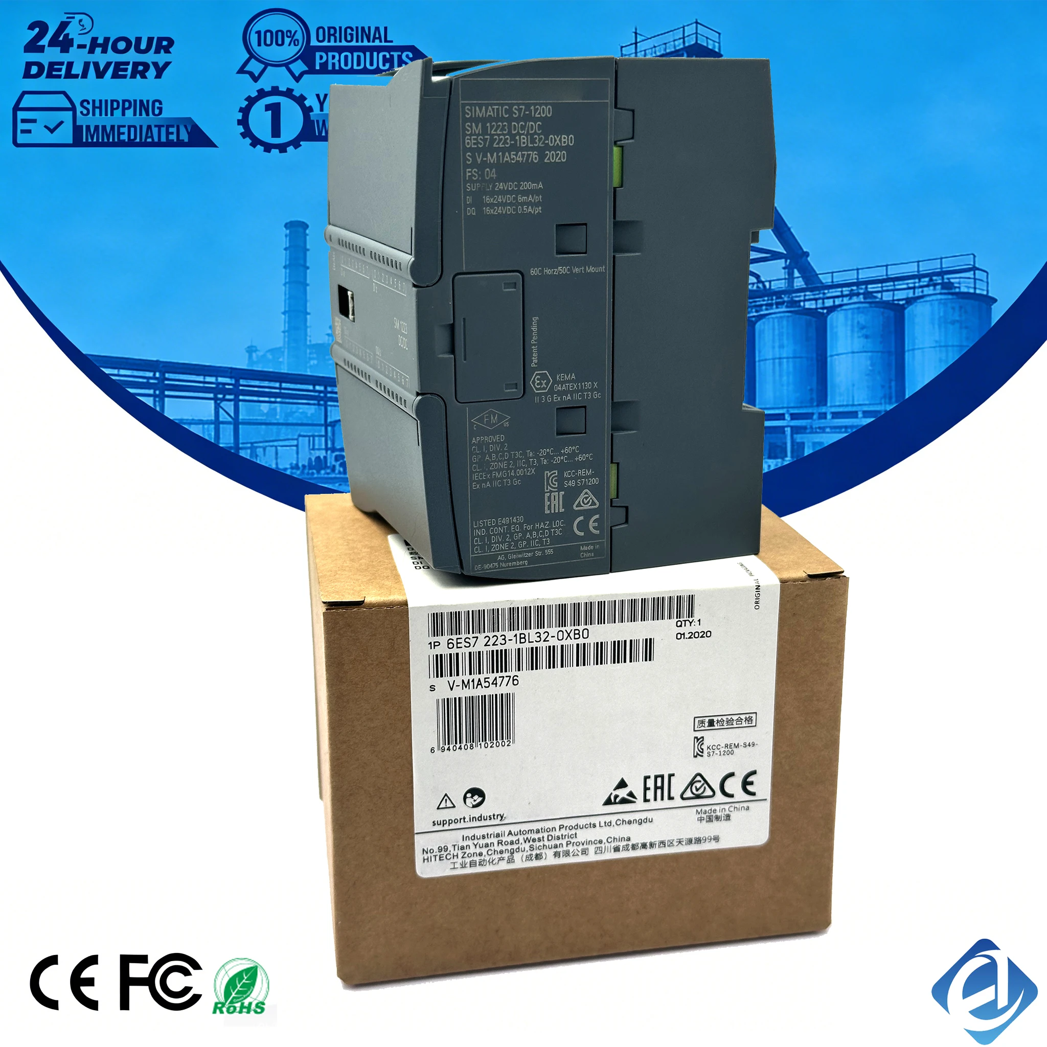 New Original 6ES7223-1BL32-0XB0 6ES7 223-1BL32-0XB0 digital I/O module for Siemens SIMATIC S7-1200 series, equipped with 16 digital input and 16 digital output channels at 24V DC. Features fast signal response