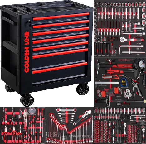 7 Drawer Roller Trolley Hand Tool Sets with 5 Layer CRV 455 Pcs Carton Box Cabinet Red 3 Years Powder Coat Steel Mechanical Odm