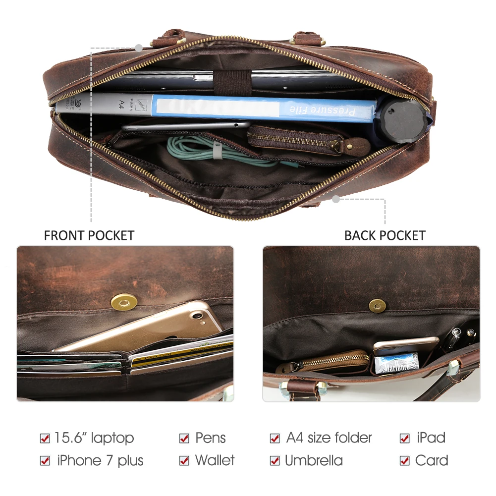 Custom Customization Brand Logo Design Style Men Handmade Men Crazy Horse Genuine Leather Bags Full Grain Cowhide Briefcase