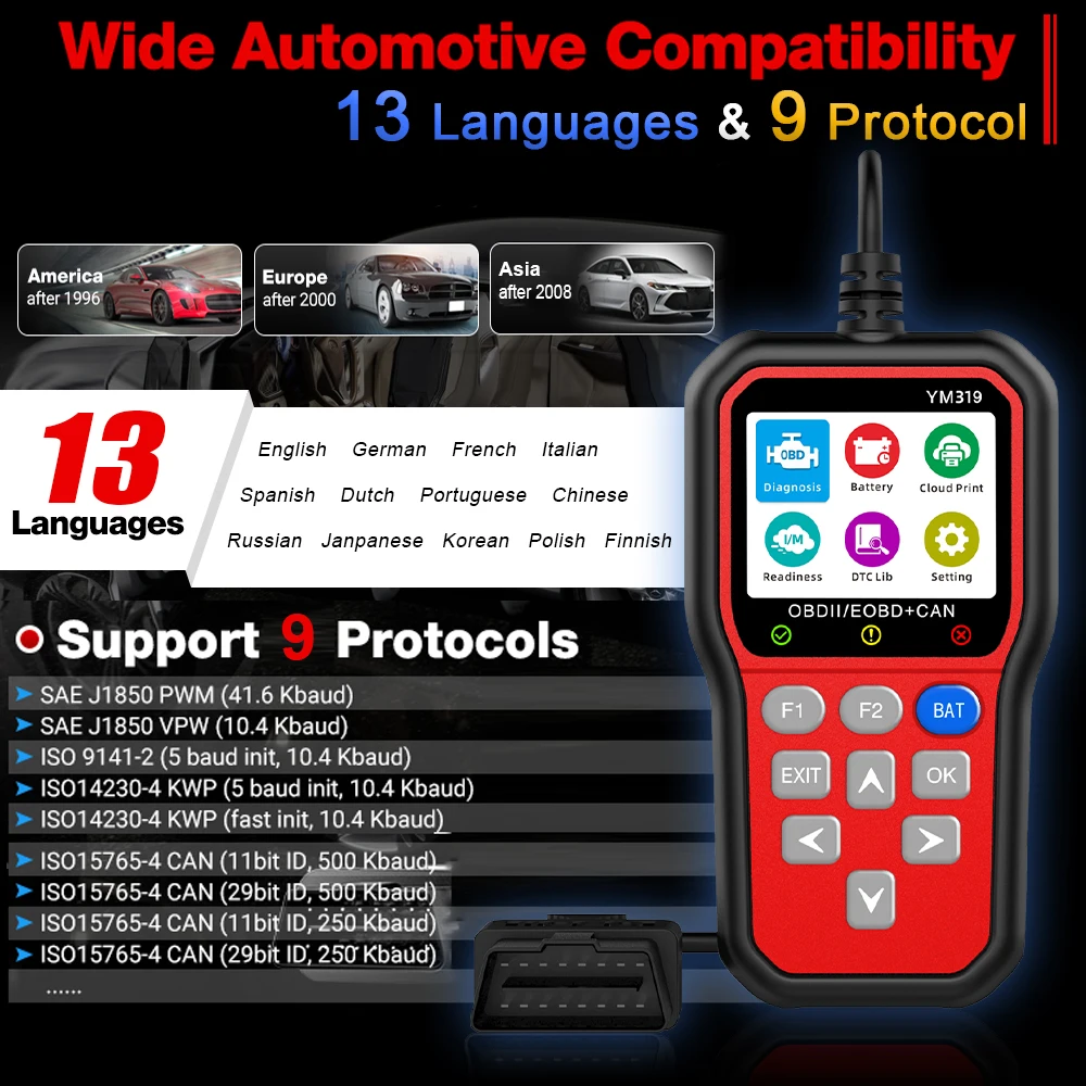Handheld Red YM319 OBD2 Auto Code Reader Scanner Vehicle Diagnostic Tool for Cars