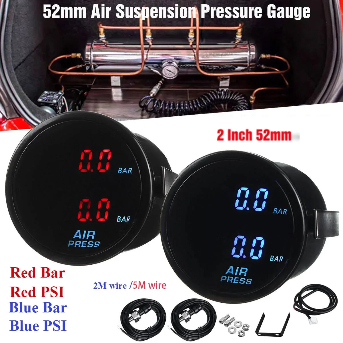 52mm Air Suspension Pressure Gauge Bar Dual Digital Display 2M 5M Wire ...