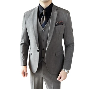 Korean Slim Men's Suit Set Best Man Groom Wedding Attire Single Breasted Business Suits Zipper Fly Front Style Anti-Wrinkle
