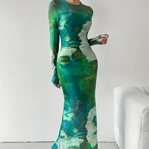 Tie Dye Printed Dress Long Sleeve Comfort Fit Slim Mesh Dress Women Casual Dresses