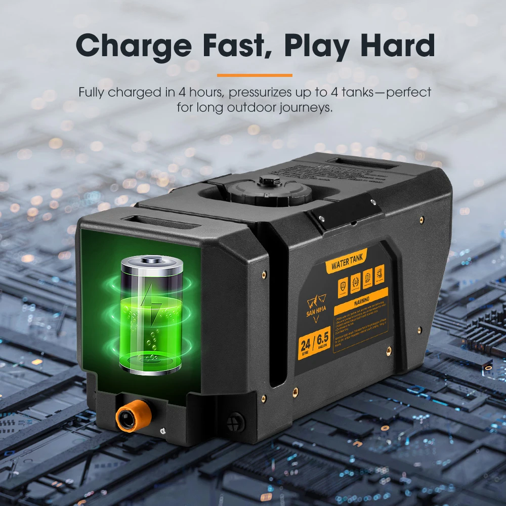SAN HIMA Quick Charge Pressurized Portable Water Tank 24L Battery Powered Outdoor Shower Kit for Camping Hiking 4X4 Offroad