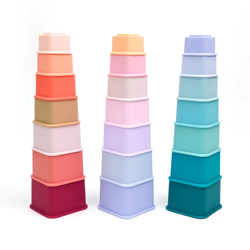 7pcs/set Rainbow Boxes Baby Silicone Stacking Toy Silicon Building Block Sets Eco Friendly Kids Educational Diy Toys Cups Games