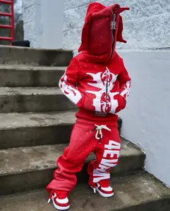 Custom Streetwear Distressed Embroidery Patches Logo Cotton Tracksuit Diamond Oversized Sun Faded Acid Washed Kids Tracksuit