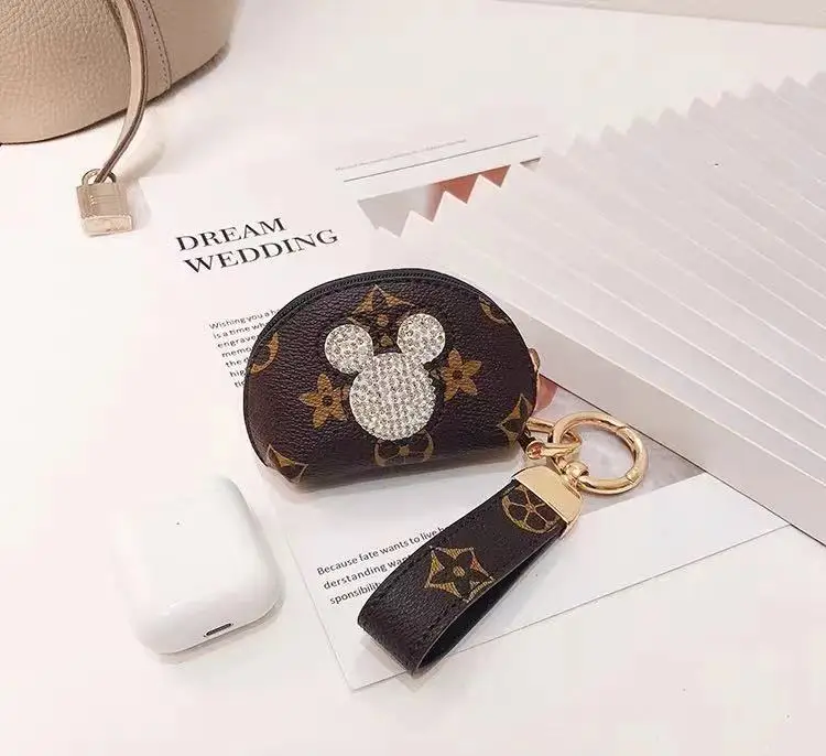 New Style Luxury Designer Mini Zipper Money Carry Pouch Key chain leather Wrist Strap Key Ring Coin Purse Keychain