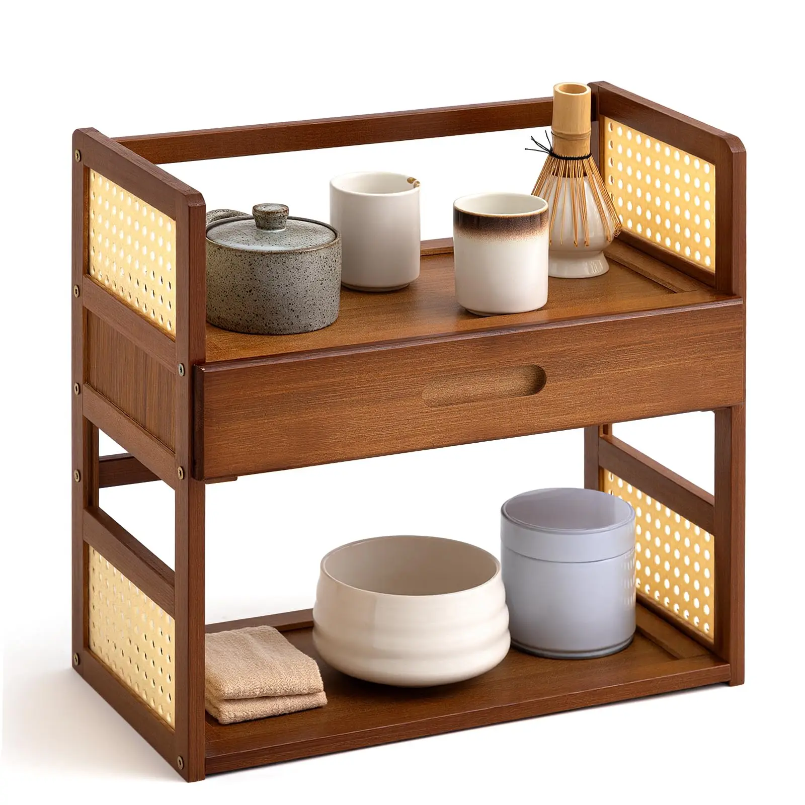 Bamboo Matcha Station Storage Rack  Desktop Tea Mug Organizer Countertop Storage Shelf Home Kitchen Bar Display Organizer