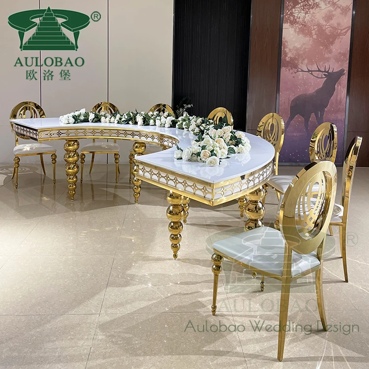 Современный простой дизайн мебели для мероприятий, обеденный стол из нержавеющей стали МДФ золотого цвета