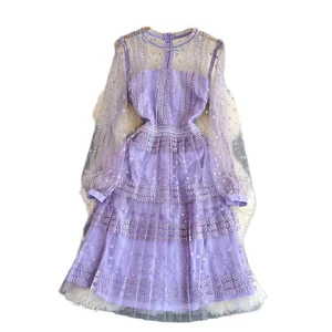 YM772 Women's Chic Lavender Summer Dress 2023 O-Neck Mesh Lace Embroidery Plus Size Casual Style Clothing Wholesale