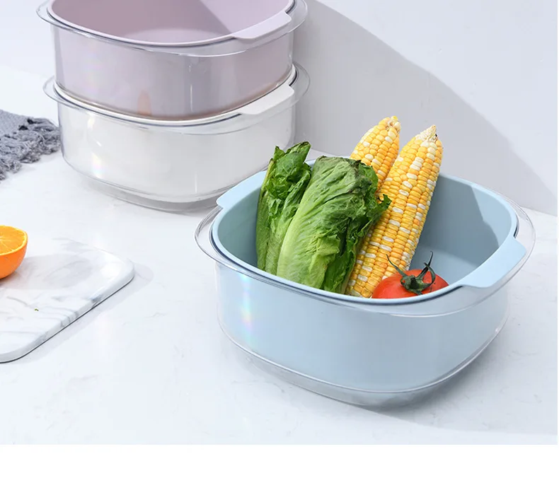 Light luxury PET transparent double drain basket Plastic vegetable basket household kitchen washing fruit and vegetable basket manufacture