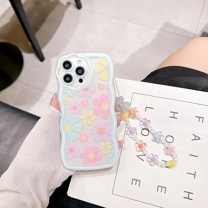 Laudtec Cute Flower Pattern Mobile Phone Case for iPhone16 promax Flower Wrist Strap Design Soft TPU Shock Protection Case manufacture