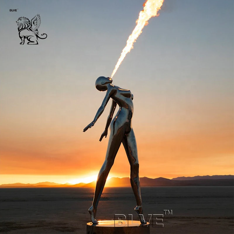BLVE Large Art Abstract Outdoor Garden Decoration Metal Statues Stainless Steel Woman Kinetic Sculpture With Fire