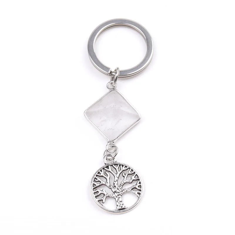 Amethyst Crystal Pyramid Life Tree Pendant Detachable Keychain White Crystal Opal Tiger Eye Stone Pyramid Key Rings Accessories