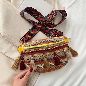 Women Folk Style Waist Bags with Adjustable Strap Variegated Color Fanny Pack with Fringe Decor Crossbody Chest Bags