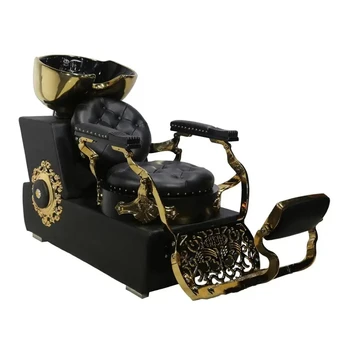 Antique Style For Barber Shop Black Gold Leather Metal Salon Beauty Retro Shampoo Chair