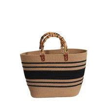 Striped large capacity cotton woven bag New bamboo French retro straw bag portable beach women's bag