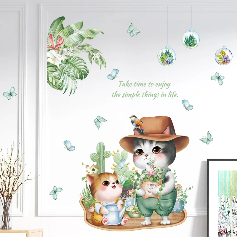 Cartoon Animal With Green Plant Leaves Wallpaper Cute Cat Wall Decal For  Kindergarten Kid's Room Decor Wall Sticker - Buy Forest Animals For  Decoration,Simple Cartoon Animation,Famous Cartoon Animals Product on  
