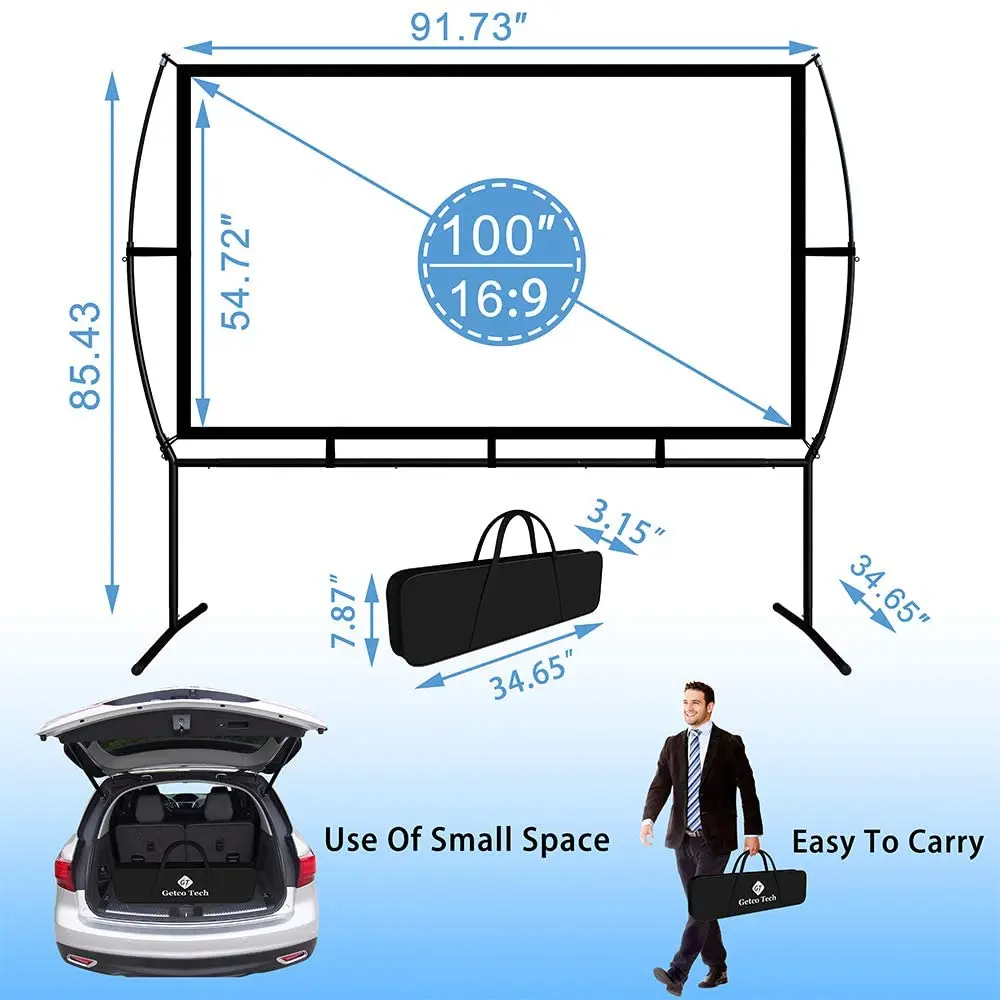 Écran De Projection 120" Portable Pliable 16:9 4K HD Intérieur Extérieur - Avec Support Et Sac De Transport